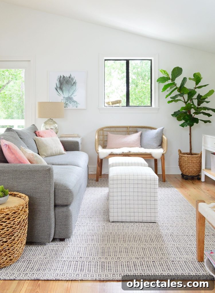 Downsizing: What to Expect and How It Feels 8 Family Room With Couch Striped Ottomans And Woven Bench