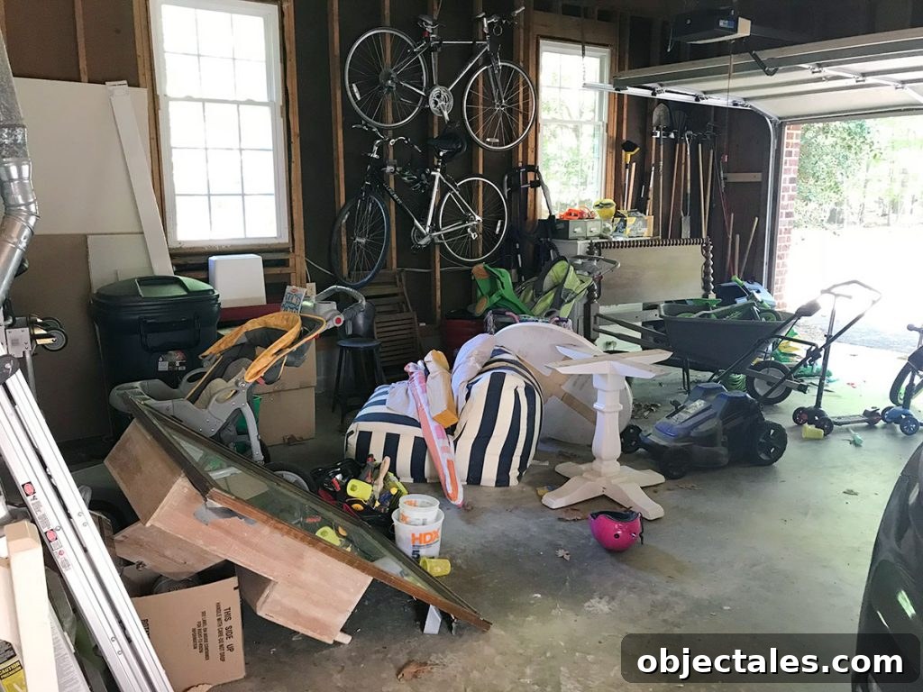 Downsizing: What to Expect and How It Feels 3 Messy garage with bikes and spare furniture