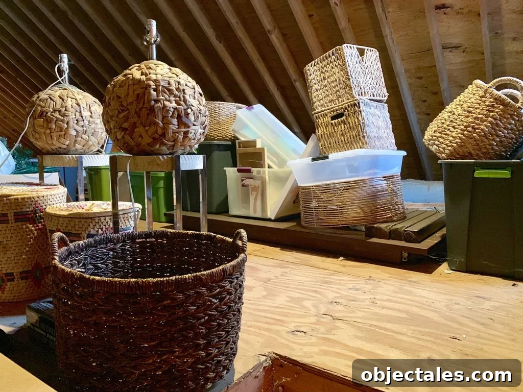 Downsizing: What to Expect and How It Feels 4 Attic with various wicker baskets and lamps