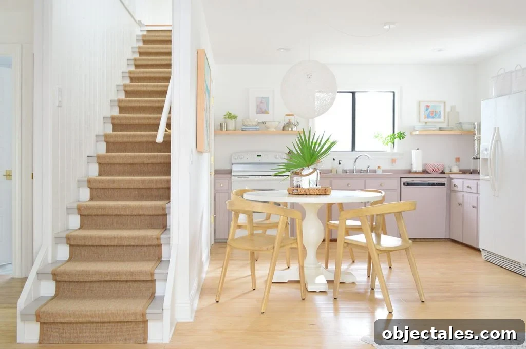 Downsizing: What to Expect and How It Feels 6 Kitchen With Mauve Cabinets And Stairs With Sisal Runner