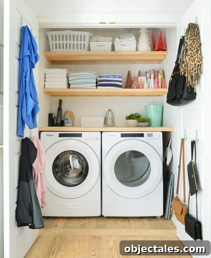 Downsizing to a Smaller Home: What It's Really Like 7 Front loading laundry appliances in closet with wood shelves on top