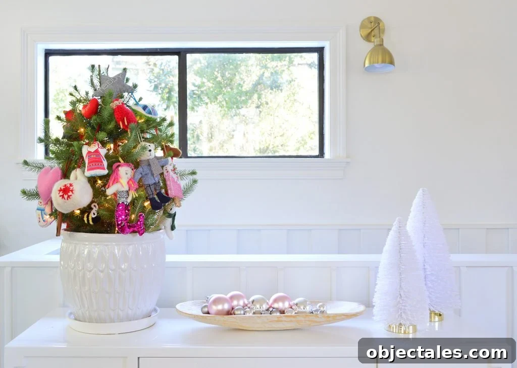 Holiday Decorating Ideas for Downsized Homes 2 Whit Tabletop With Small Tree Shiny Ornaments And Bottlebrush Trees
