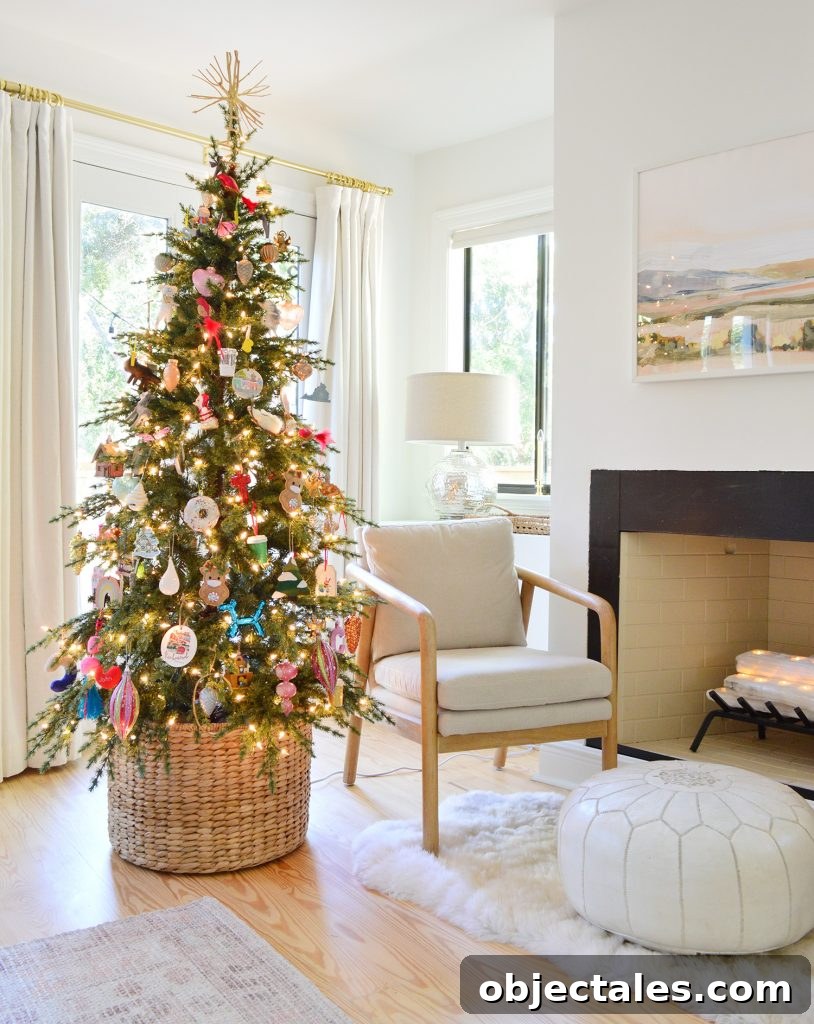 Holiday Decorating Ideas for Downsized Homes 4 Christmas Tree in Woven Basket Near Fireplace