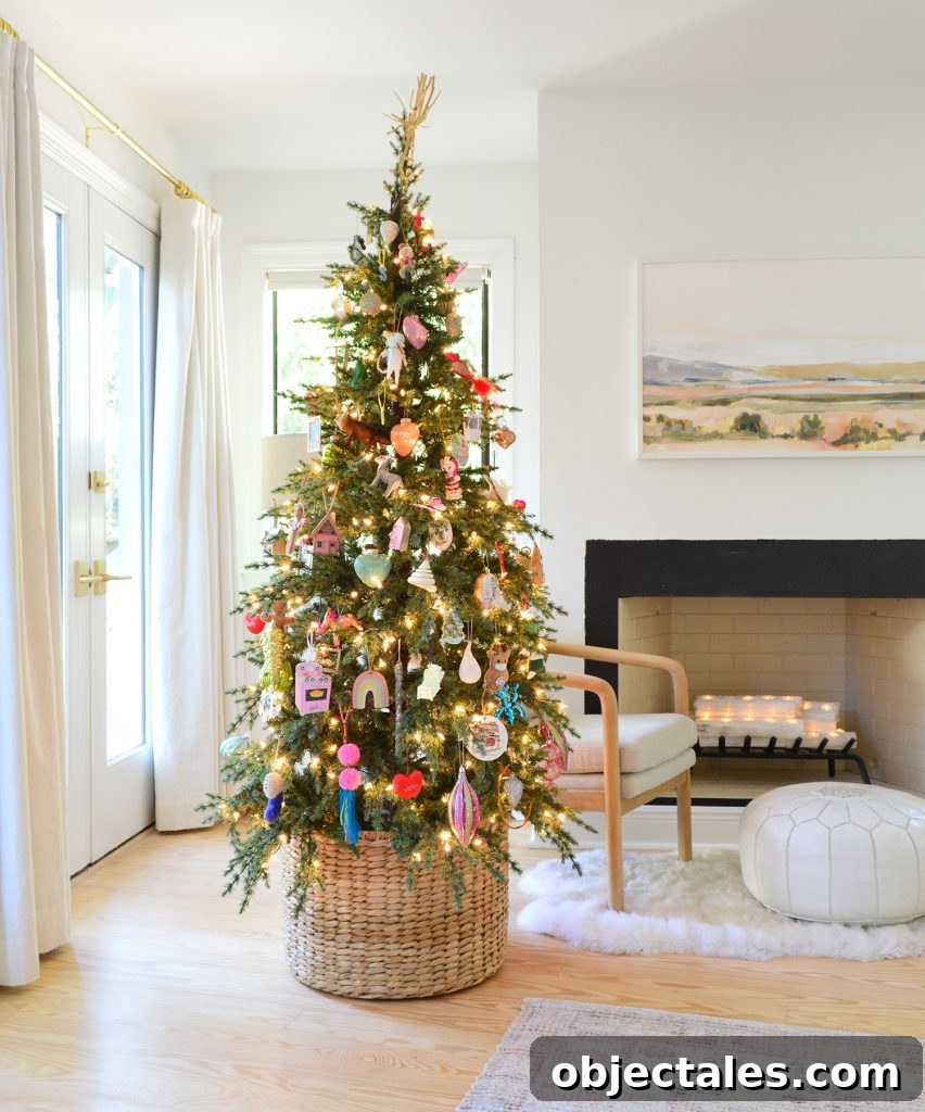 Holiday Decorating Ideas for Downsized Homes 6 Woven Basket At Base Of Christmas Tree With Colorful Ornaments