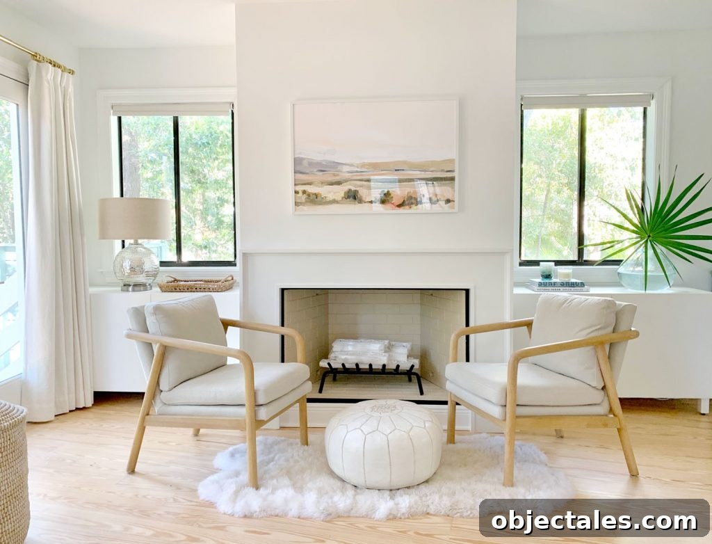 Finished fireplace scene without Christmas decor just chairs and sheepskin rug