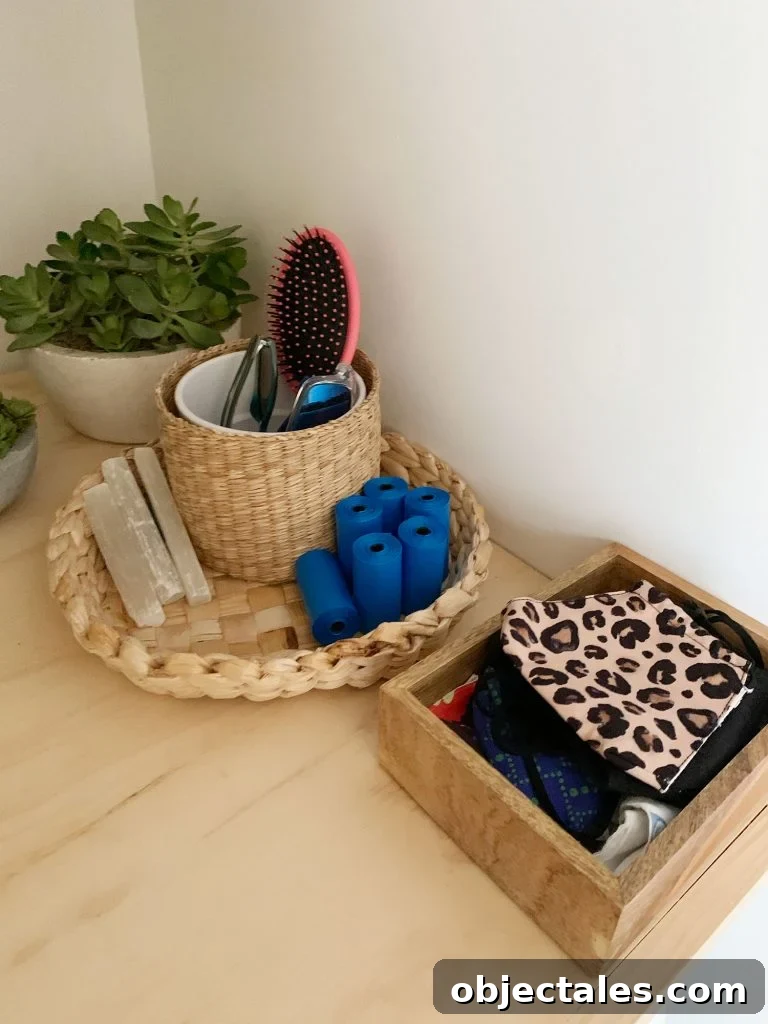 Find the Perfect Loveseat for Your Sitting Room 14 Baskets and bins on laundry shelf holding entryway accessories like masks dog bags and sunglasses