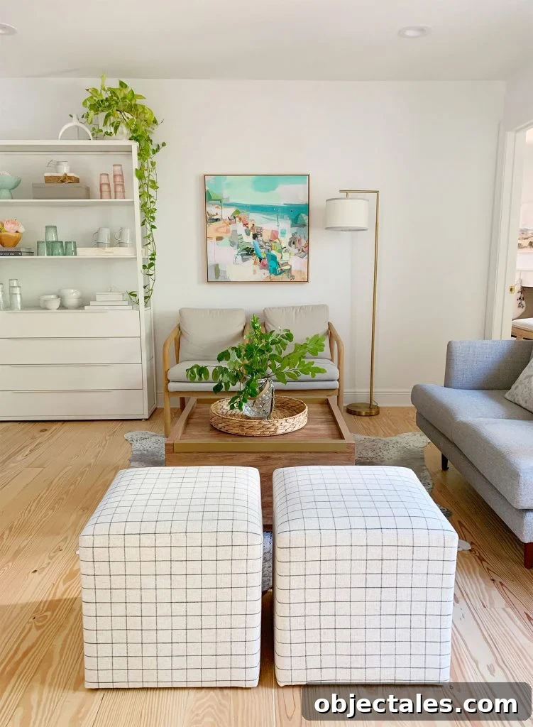 Find the Perfect Loveseat for Your Sitting Room 16 Straight view of sitting area with two plaid ottomans in foreground