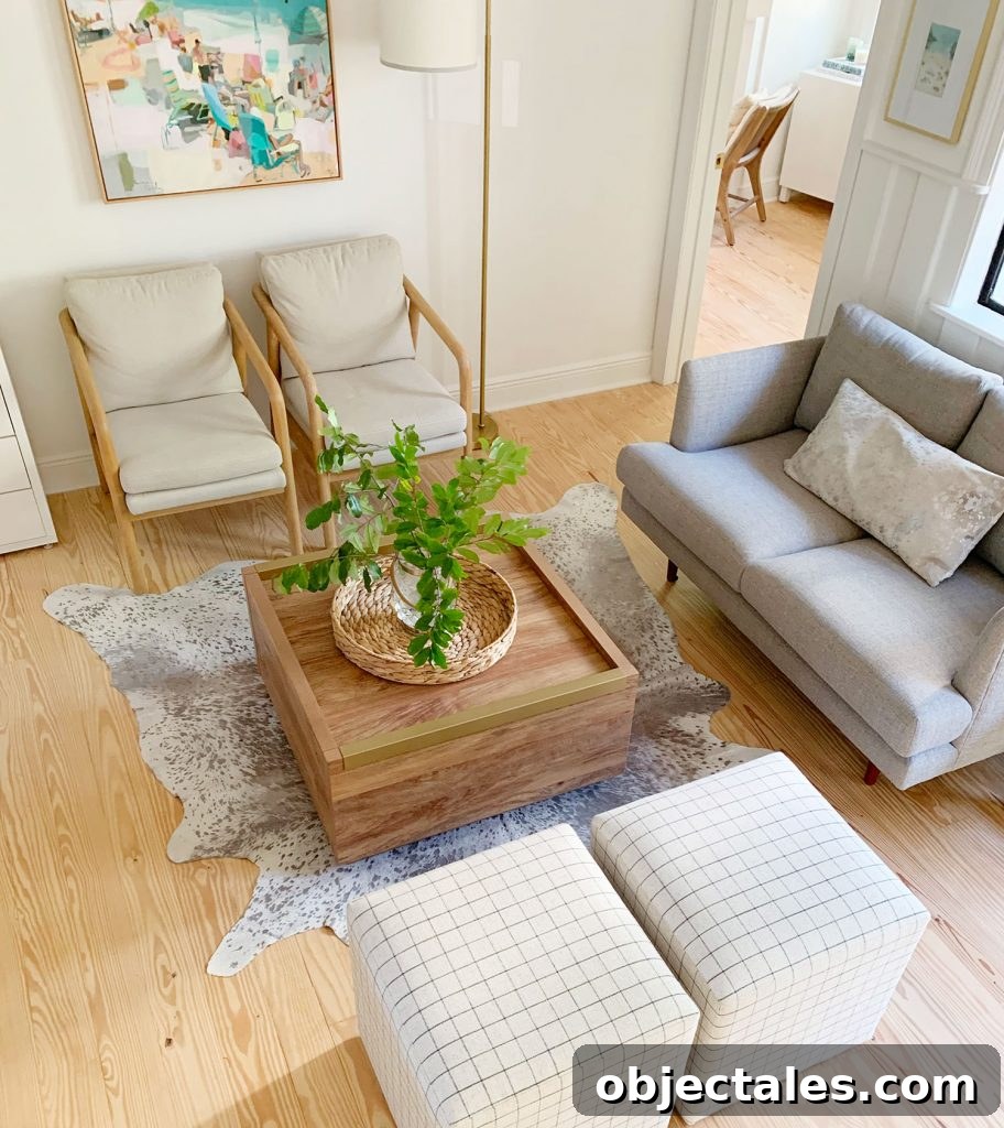 Choosing the Perfect Loveseat for Your Sitting Room 10 Overhead view of sitting area with wood coffee table in middle