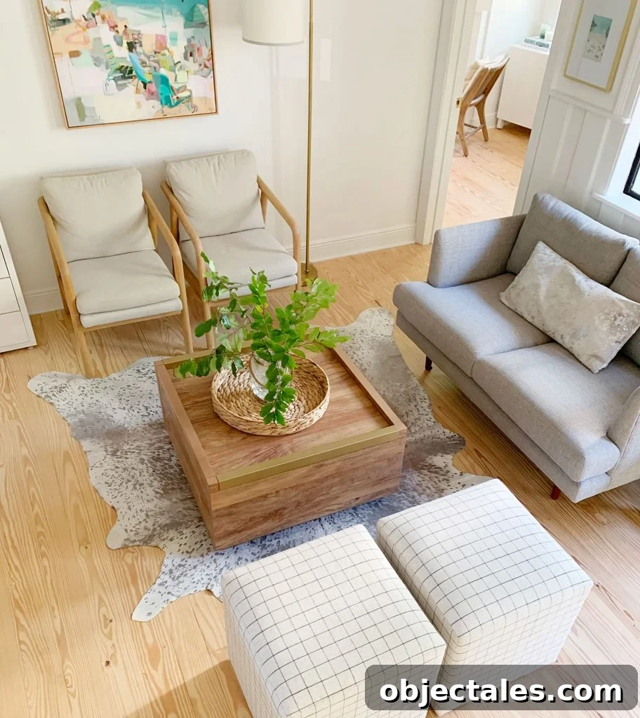 Find the Perfect Loveseat for Your Sitting Room 17 Overhead view of sitting area with wood coffee table in middle