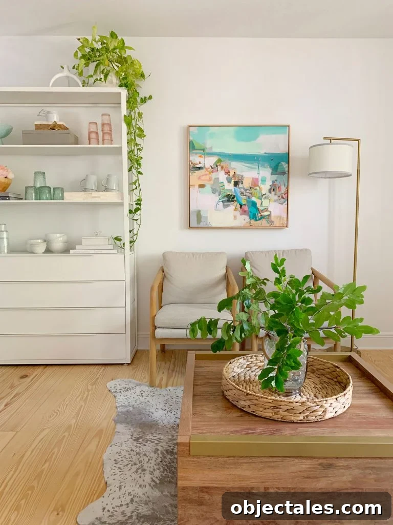 Find the Perfect Loveseat for Your Sitting Room 21 Side view of sitting area with plants on coffee table and hanging from kitchen shelf