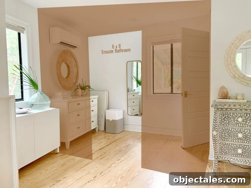 View of area that will become future bathroom with photoshop rendering over it