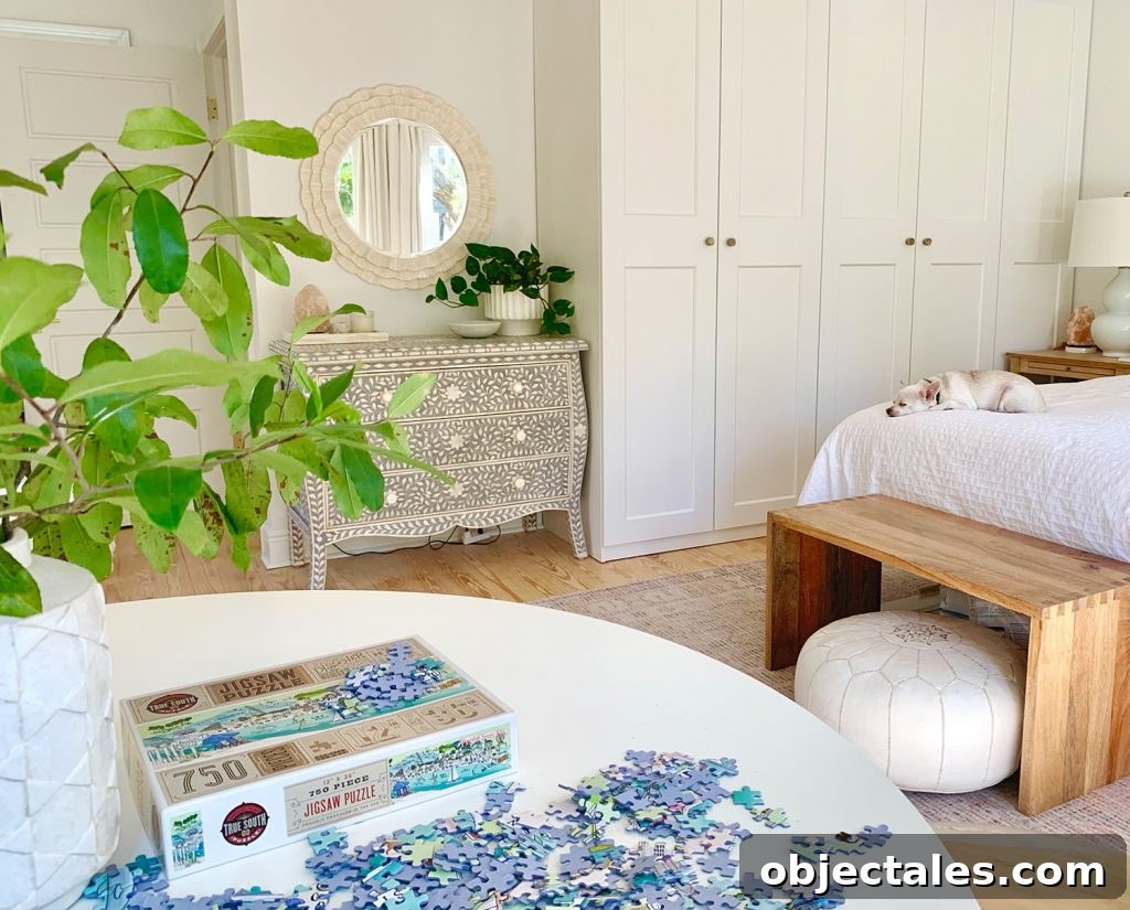 Puzzle being completed on table in bedroom