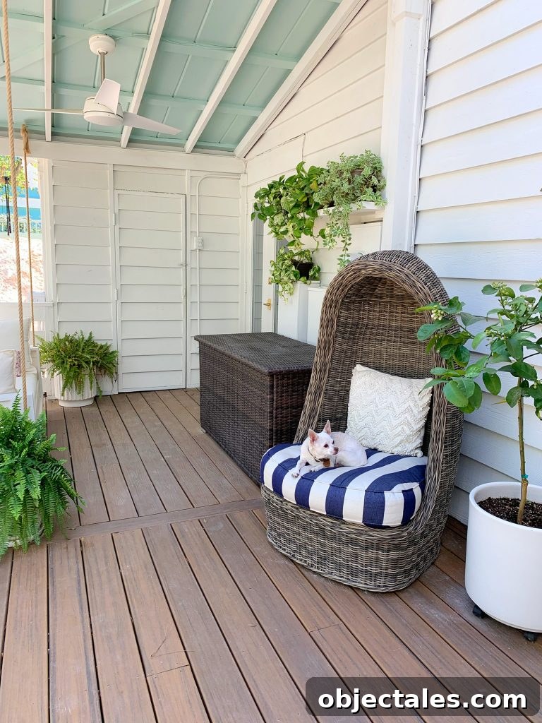 Hide Unsightly Utility Boxes with a DIY Shelf 2 Full View Of Covered Porch With Plant Shelf And Other Potted Plants