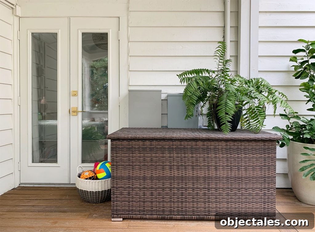 Hide Unsightly Utility Boxes with a DIY Shelf 5 Large Woven Storage Bin On Porch With Fern On Top