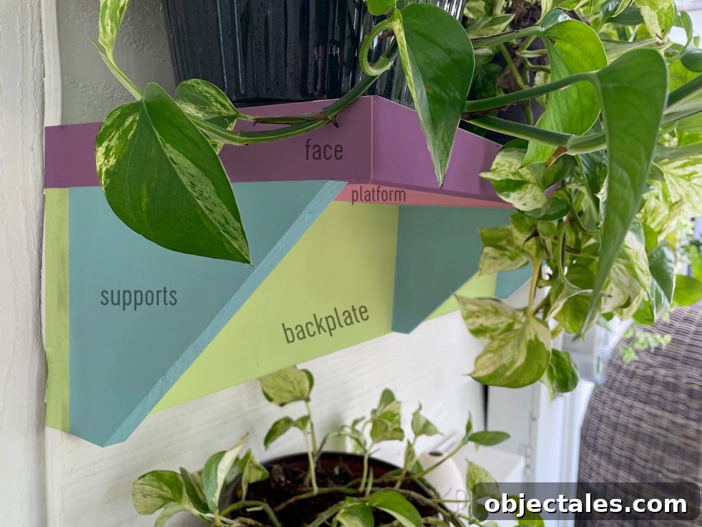 Hide Unsightly Utility Boxes with a DIY Shelf 7 Color Coded Diagram of Outdoor Plant Shelf Showing Angled Supports Against Backplate And Platform Shelf