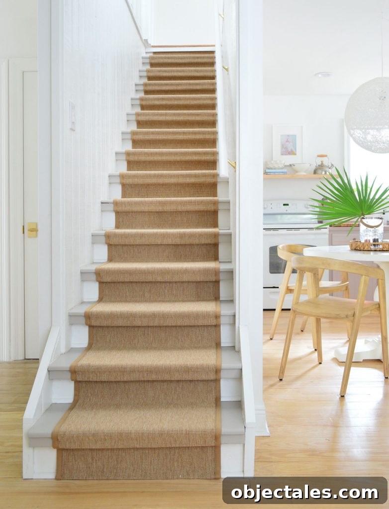 Before and After Home Photos: 14 Months of Renovation 10 Finish Sisal Stair Runner On Staircase With Kitchen In Background