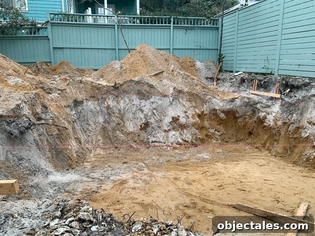Large dirt hole dug in backyard where pool will be constructed