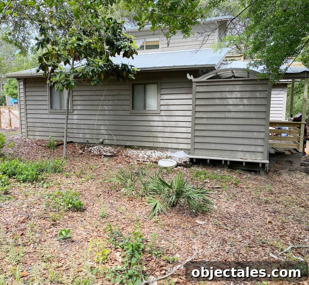 Before photo of house brown with same empty backyard