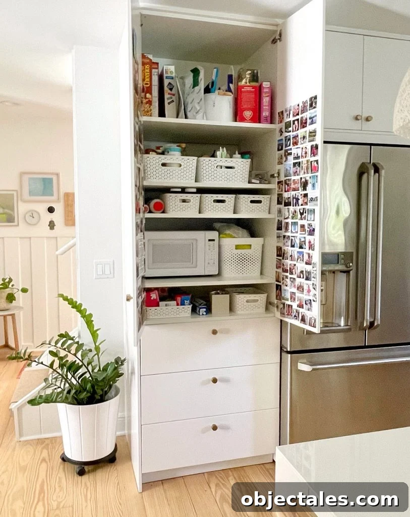 Ikea Kitchen Built-In Pantry With Doors Open to Show Shelf Organization With Baskets
