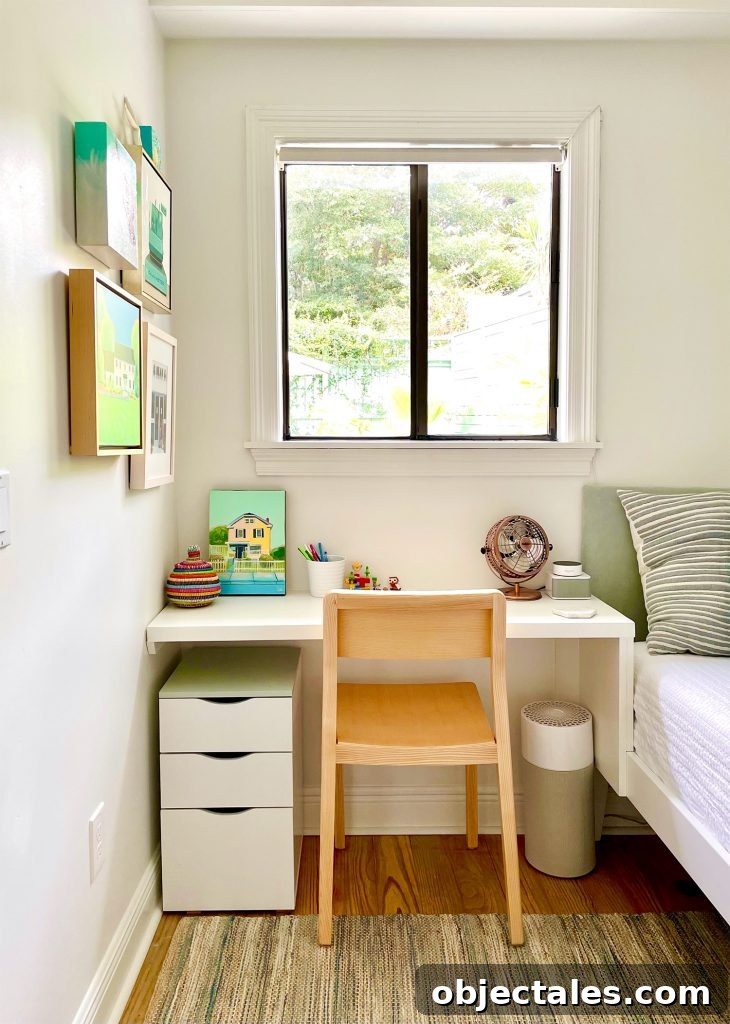 Boys Bedroom With Floating Wall Desk With File Storage Bookcase Underneath Next To Wood Chair