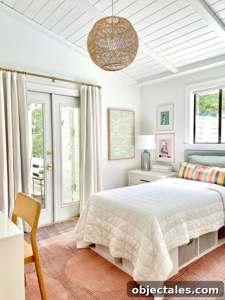 Girls Bedroom With Lofted Plank Ceiling And Pink Rug