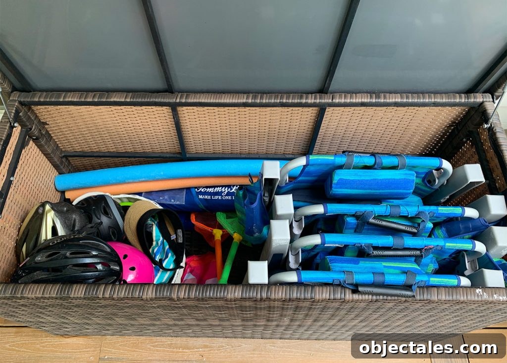 Inside Of Storage Bin With Beach Chairs And Toys