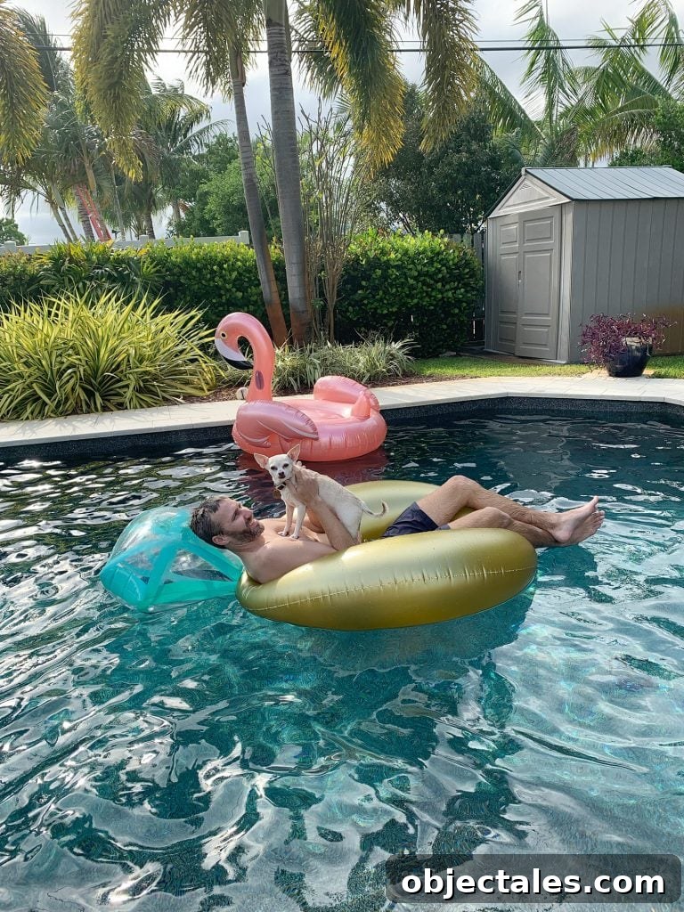 Tribute to the Burger: History, Styles, and Recipes 12 John in pool float with Burger on chest with flamingo float in background