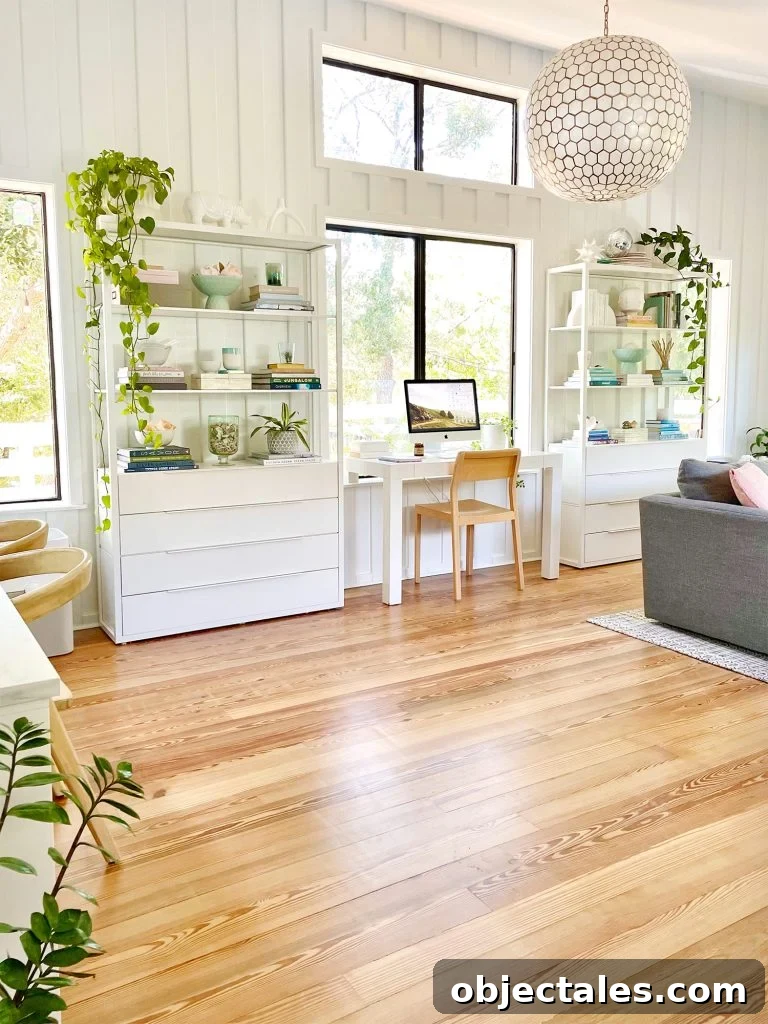 Family Room as Office, Art Studio, and Home Theater 14 Two Ikea Fjalkinge Bookcases Flanking Office Deck In Middle Of Modern White Upstairs Family Room With Large Windows