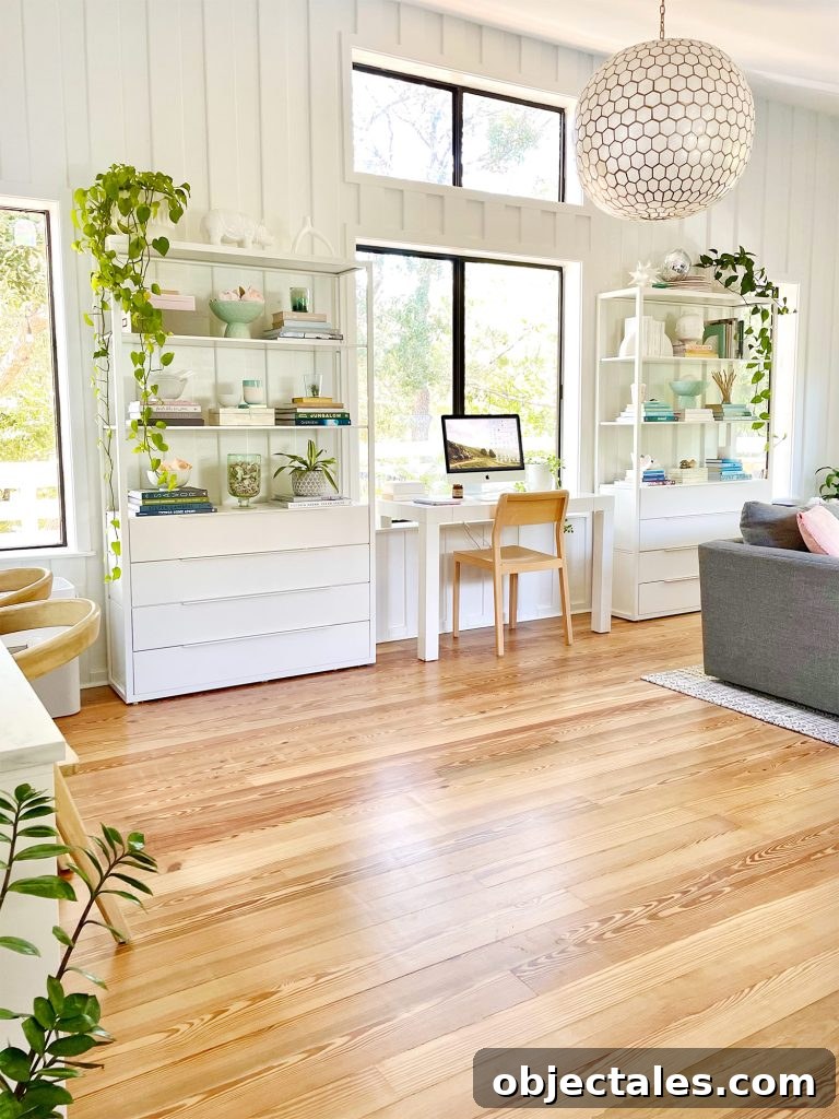 Family Room as Office, Art Studio, and Home Theater 8 Two Ikea Fjalkinge Bookcases Flanking Office Deck In Middle Of Modern White Upstairs Family Room With Large Windows