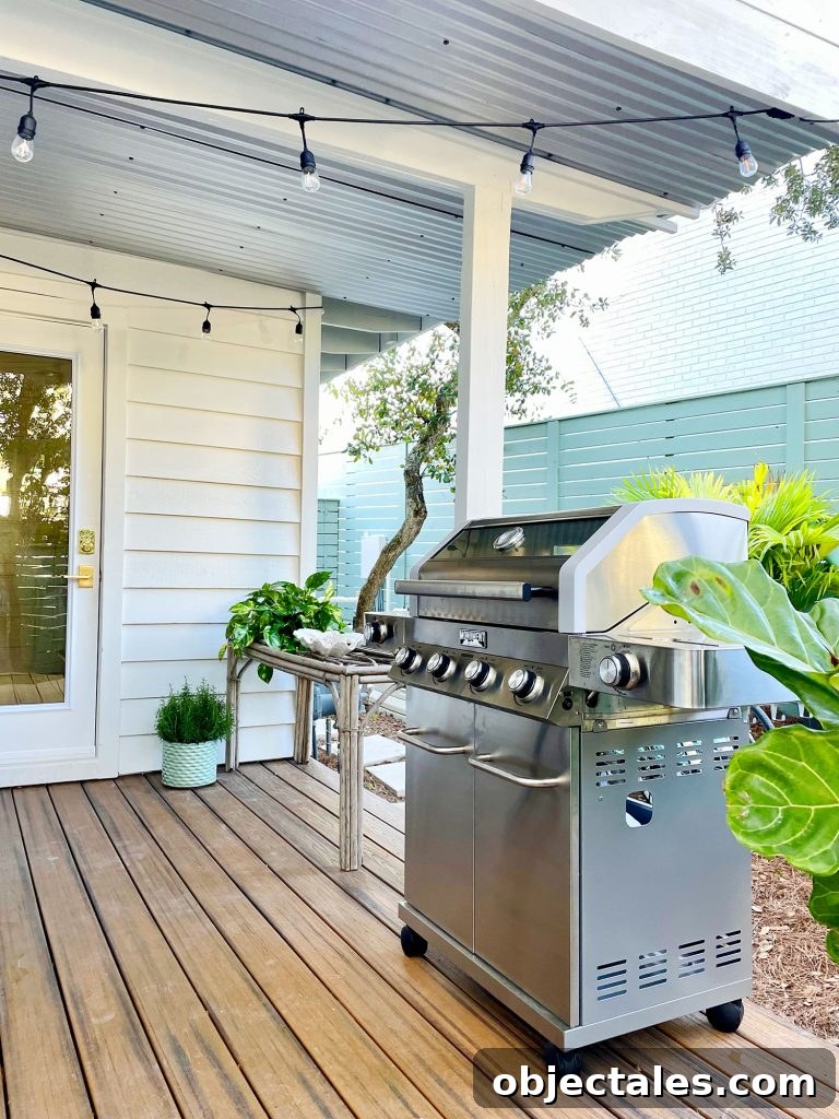 Stainless steel grill on covered kitchen porch