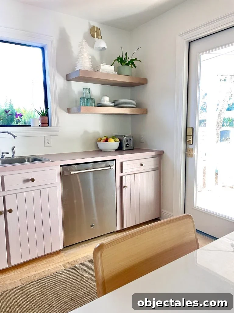 Vertical view of corner cabinets with floating shelves and reconstructed cabinet