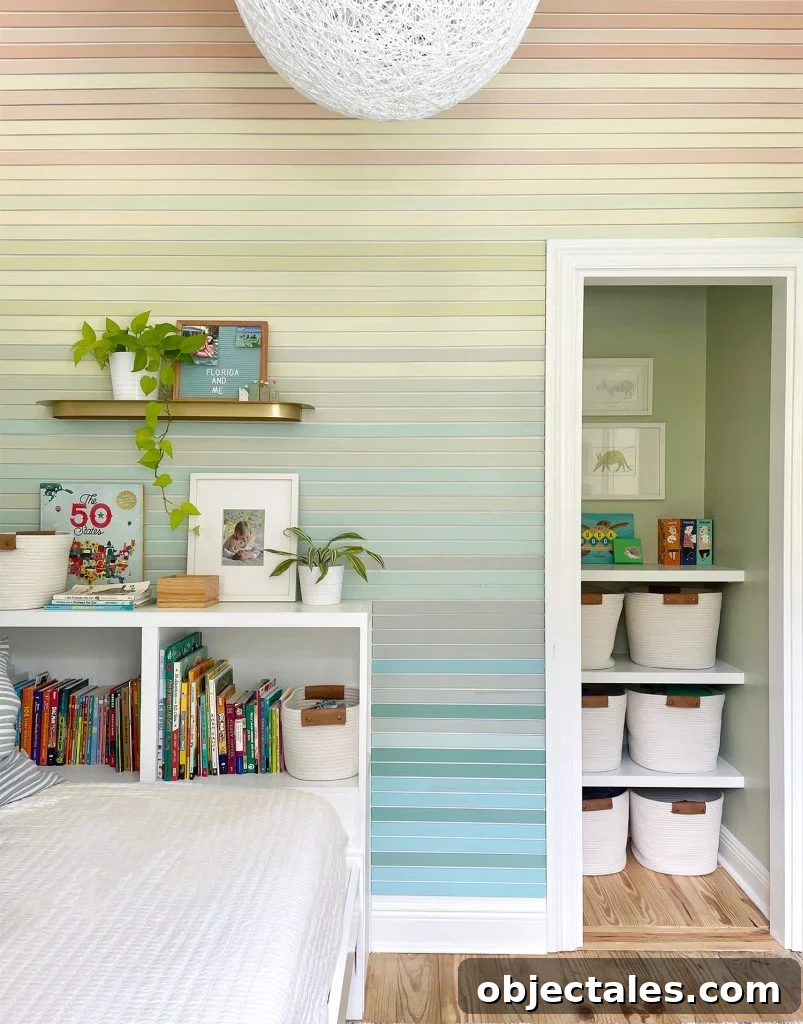 Kids Bedroom With Paneled Wall Full Of Colorful Slats And Custom Closet Shelves
