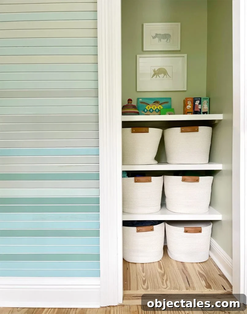 Painted Closet With Custom DIY Shelves And Art Hanging Above Them
