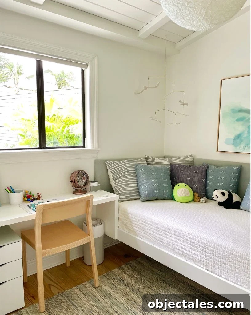 Kids Bedroom With Desk And Daybed With Upholstered Headboard