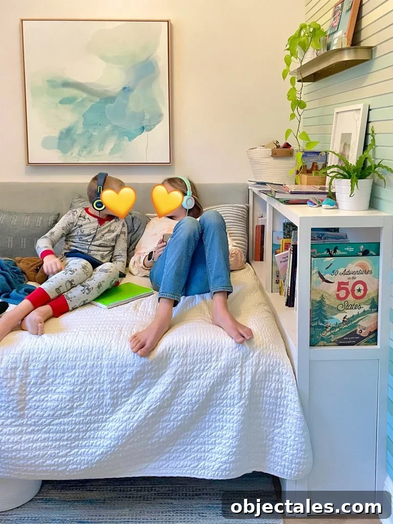 Built In Bookcase In Small Kids Room With Two Kids On The Bed
