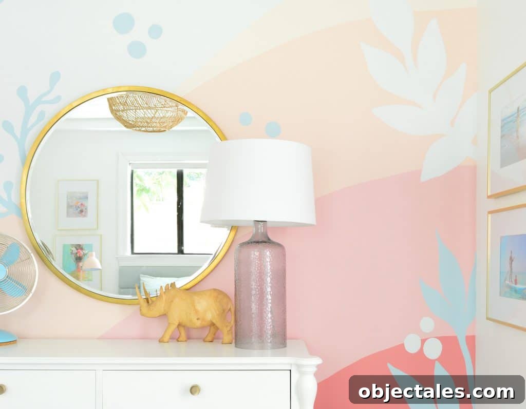 Colorful Beach Mural With Pinks And Blue Gradient In Girls Bedroom