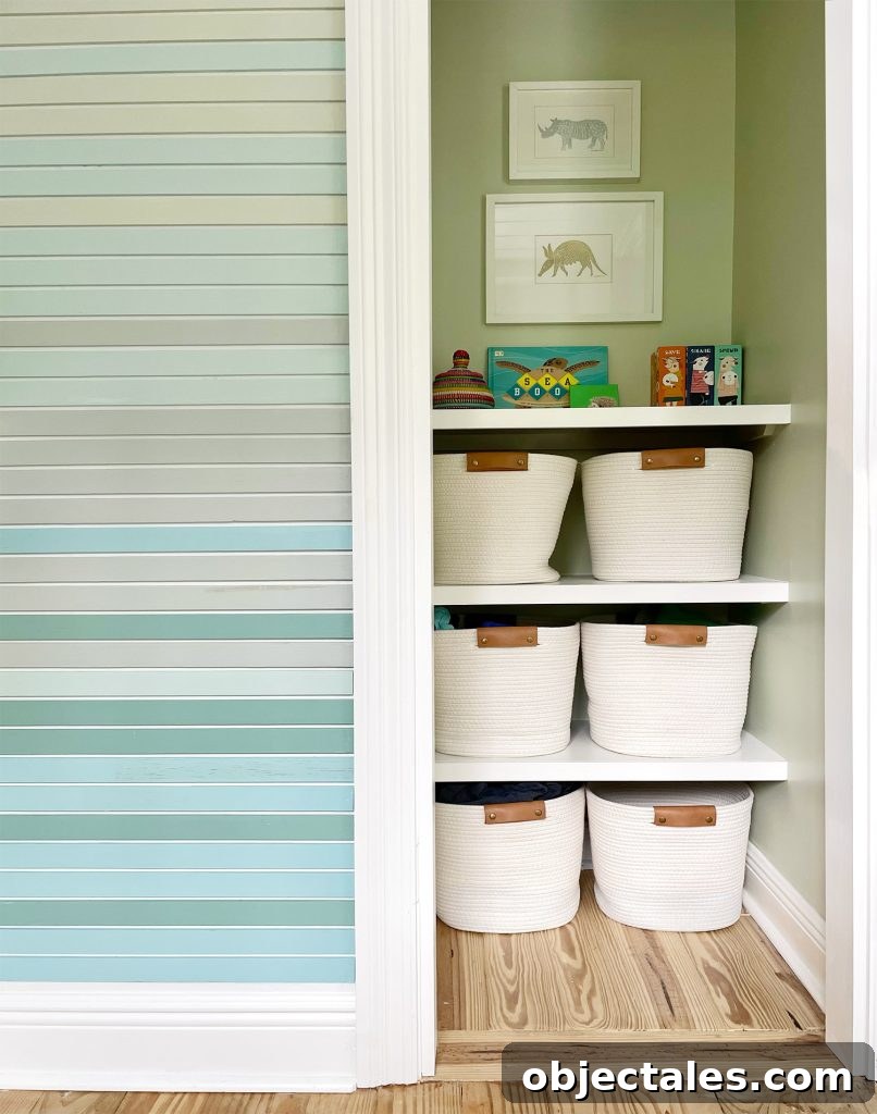Painted Closet With Custom DIY Shelves And Art Hanging Above Them