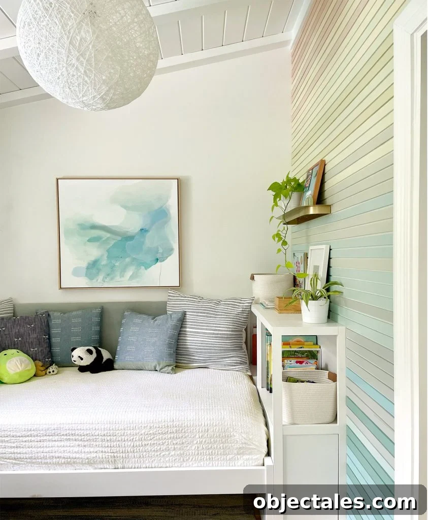 Small Kids Bedroom With Bed With Plush Headboard And Bookcase
